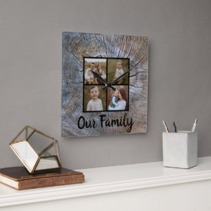 Rustic tree-ring distressed wood grain rustic tree square wall clock