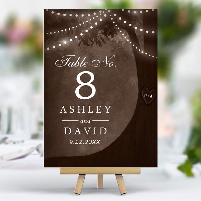 Rustic Tree String Lights Carved Initials Brown Table Number (Creator Uploaded)