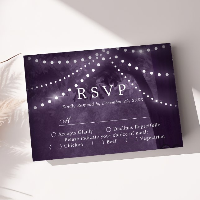 Rustic Tree String Lights Purple Wedding RSVP Card (Creator Uploaded)