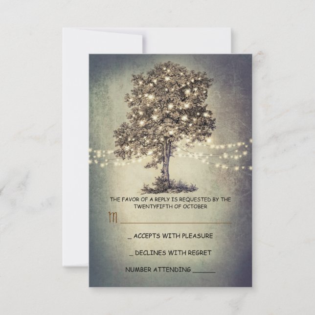 Rustic tree & string lights wedding RSVP Card (Front)