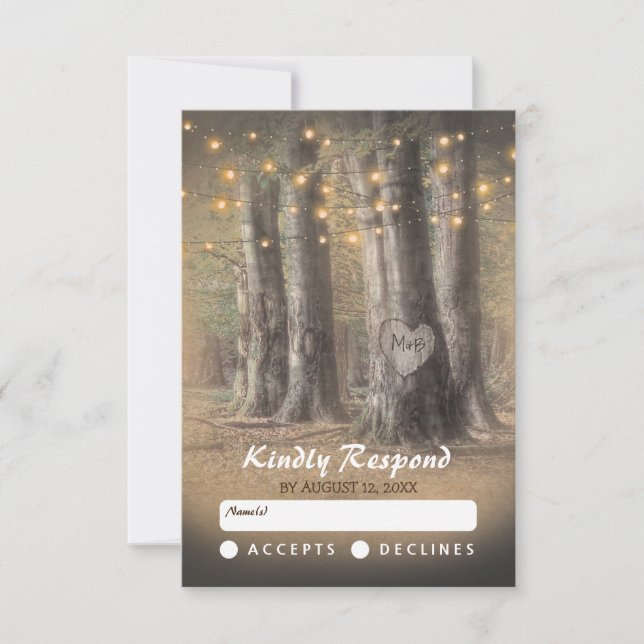 Rustic Tree & String Lights Wedding RSVP Card (Front)