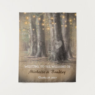 Rustic Tree & String Lights Wedding Tapestry