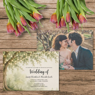 Rustic tree string of lights country photo wedding invitation