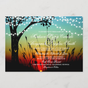 Rustic Tree String of Lights Sunset Wedding Invite