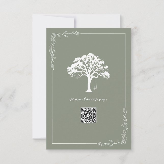 Rustic Tree Swing Sage Green QR Code Wedding RSVP Card (Front)