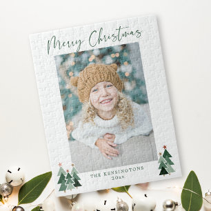 Rustic Trees Minimalist Modern Christmas Photo Jigsaw Puzzle