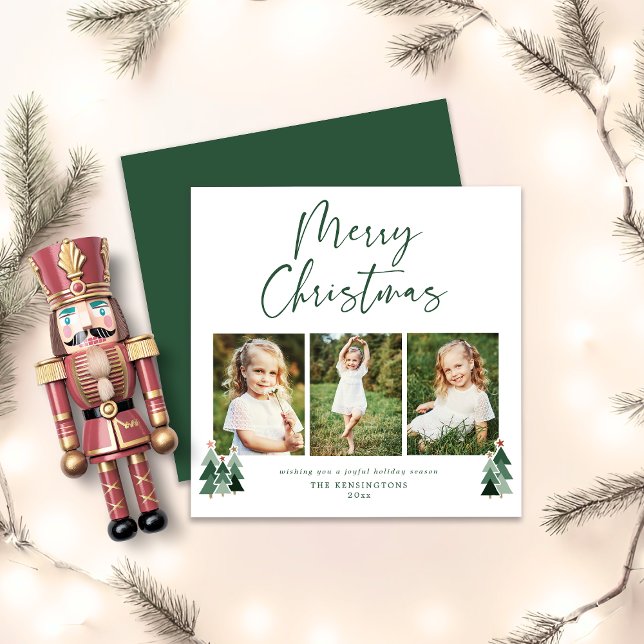 Rustic Trees Modern Christmas Holiday 3 Photo Card (Rustic Trees Modern Christmas Holiday 3 Photo Square Card)
