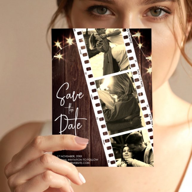 Rustic trendy photo booth save the date invitation (Film Strip Photo Booth Save the Date Wedding Card, Rustic Wedding Invite)