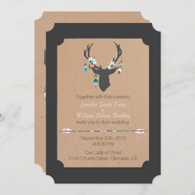 Rustic Tribal Deer Head Wedding Invitation (Front/Back)