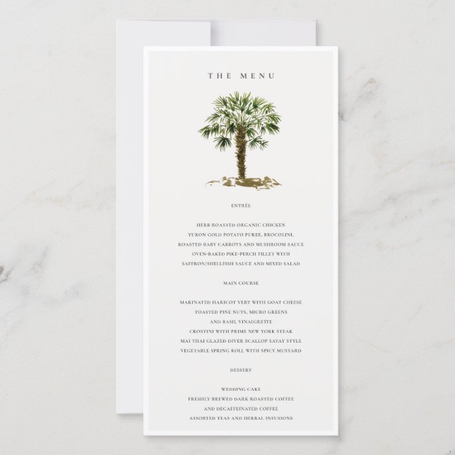 Rustic Tropical Beach Palm Trees Wedding Menu Card (Front)