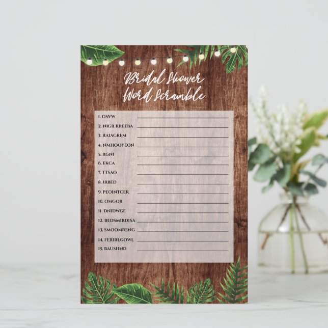 Rustic Tropical Bridal Shower Word Scramble Game (Standing Front)