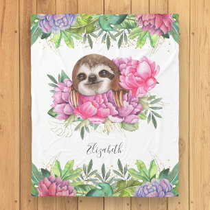 Rustic Tropical Cute Floral Adorable Sloth Fleece Blanket