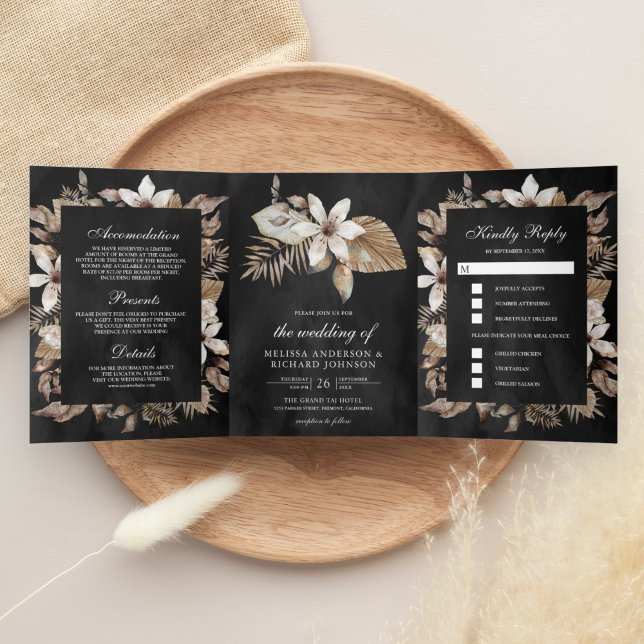 Rustic Tropical Dried Palm Leaves Black Wedding Tri-Fold Invitation (Creator Uploaded)