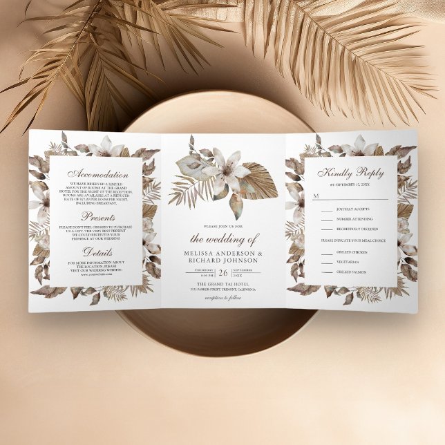 Rustic Tropical Dried Palm Leaves Floral Wedding Tri-Fold Invitation (Creator Uploaded)