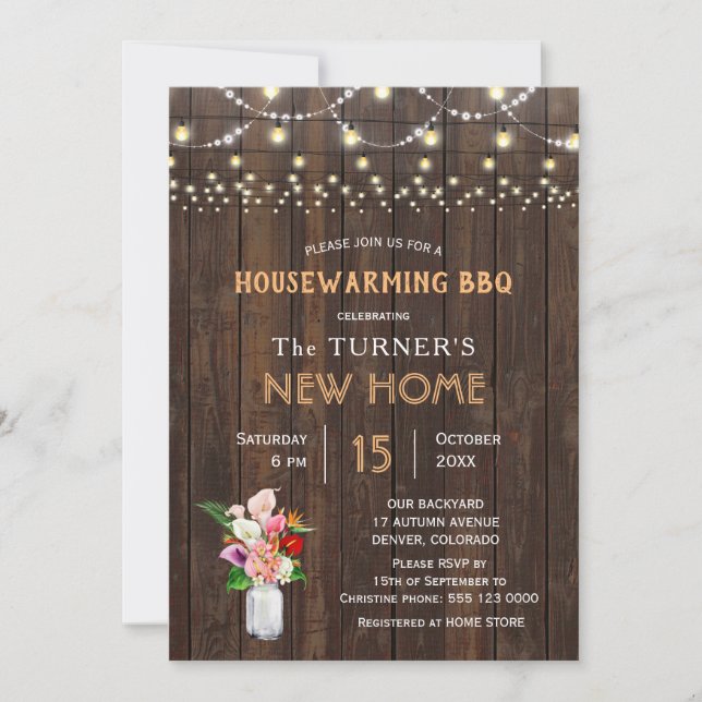 Rustic Tropical Flowers Wood Housewarming BBQ Invitation (Front)