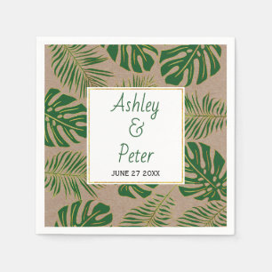 Rustic tropical green monstera palm leaves wedding napkin