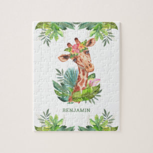 Rustic Tropical Jungle Safari Cute Giraffe Name Jigsaw Puzzle