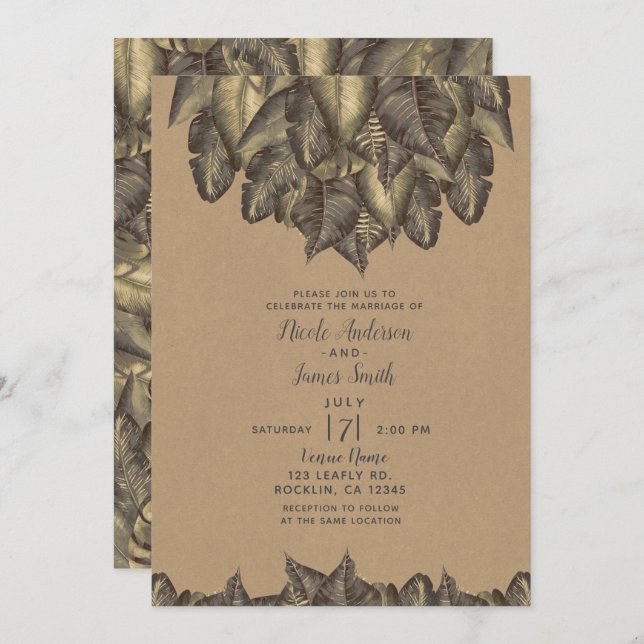 Rustic Tropical Leaves Botanical Vintage Wedding Invitation (Front/Back)