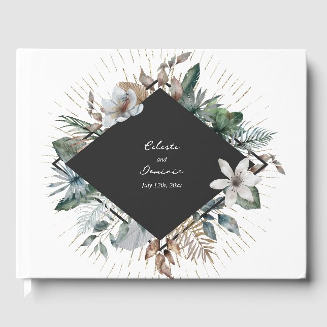 Rustic Tropical Palm Leaves Botanical Wedding Guest Book (Front)