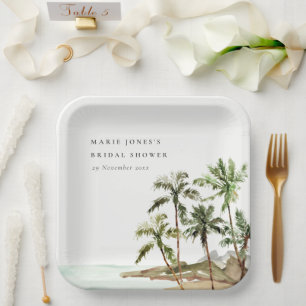Rustic Tropical Palm Tree Beach Sand Bridal Shower Paper Plate