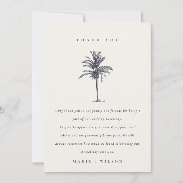 Rustic Tropical Palm Tree Navy Kraft Wedding Thank You Card (Front)