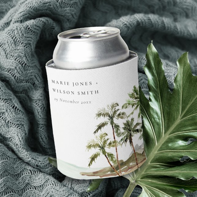 Rustic Tropical Palm Trees Beach Sand Wedding Can Cooler (Creator Uploaded)