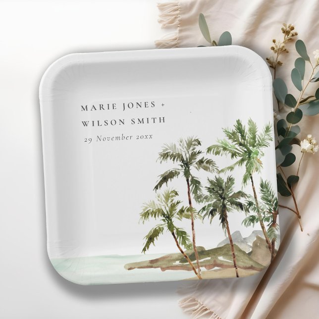 Rustic Tropical Palm Trees Beach Sand Wedding Paper Plate (Creator Uploaded)