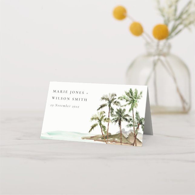 Rustic Tropical Palm Trees Beach Sand Wedding Place Card (Front)