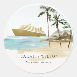 Rustic Tropical Seascape Beach Cruise Palm Wedding Classic Round Sticker