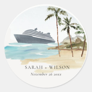 Rustic Tropical Seascape Beach Cruise Palm Wedding Classic Round Sticker