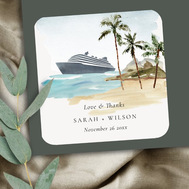 Rustic Tropical Seascape Beach Cruise Palm Wedding Square Sticker (Creator Uploaded)