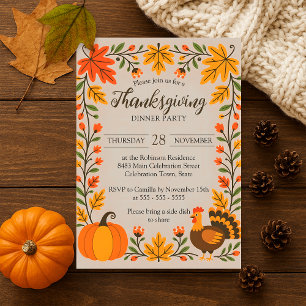 Rustic Turkey Fall Leaves Thanksgiving Potluck Invitation