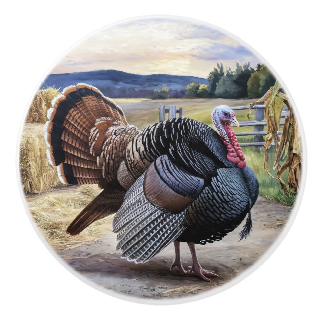 Rustic Turkey Farm Painting Thanksgiving Art Ceramic Knob (Front)