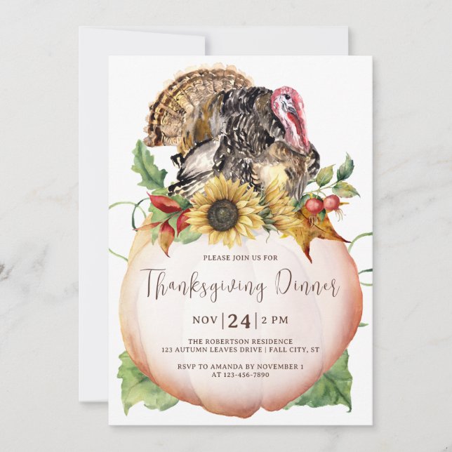 Rustic Turkey Pumpkin Thanksgiving Dinner Invitation (Front)