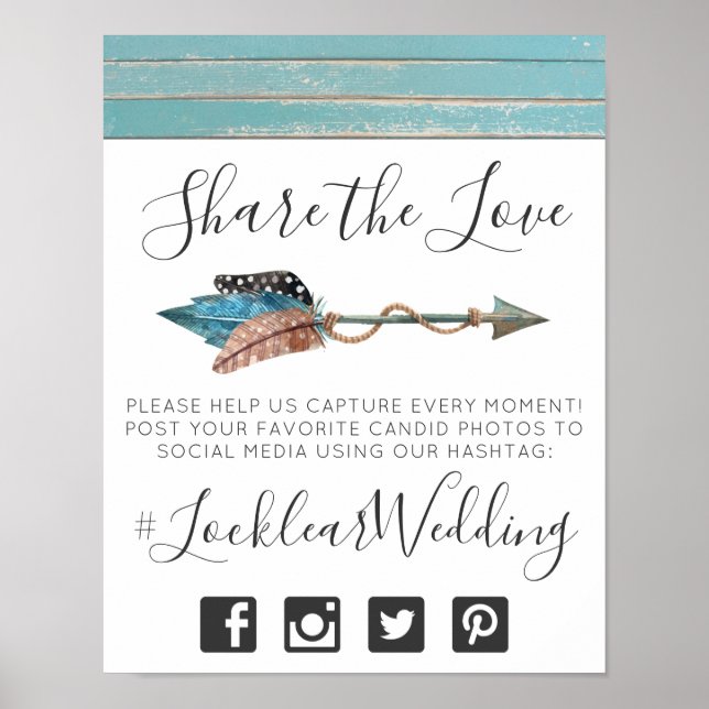 Rustic Turquoise Arrow Wedding Hashtag Photo Sign (Front)