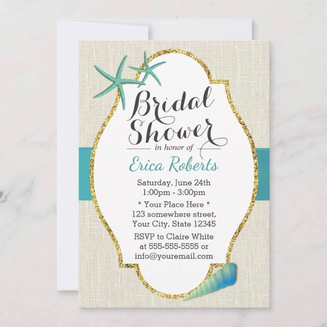 Rustic Turquoise Beach Seashells Bridal Shower Invitation (Front)