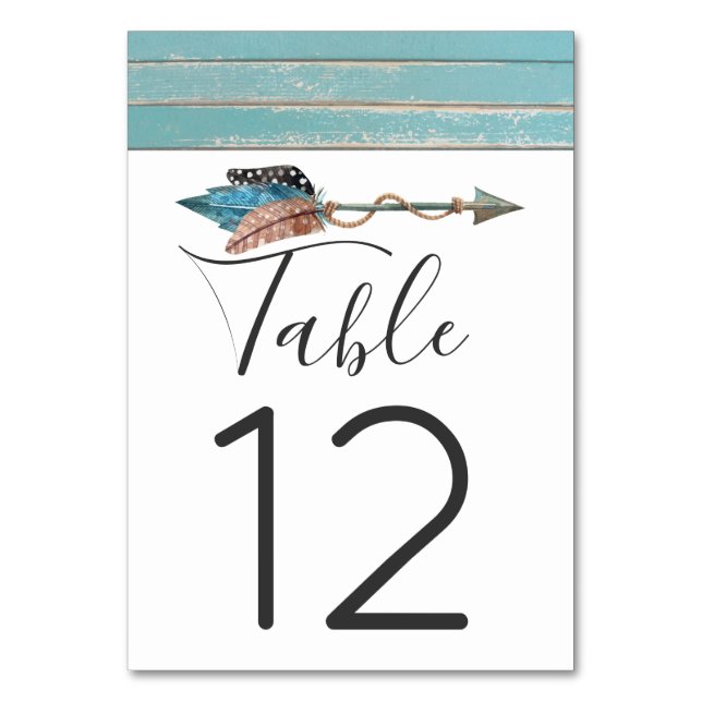 Rustic Turquoise Boho Arrow Wedding Table Number (Front)