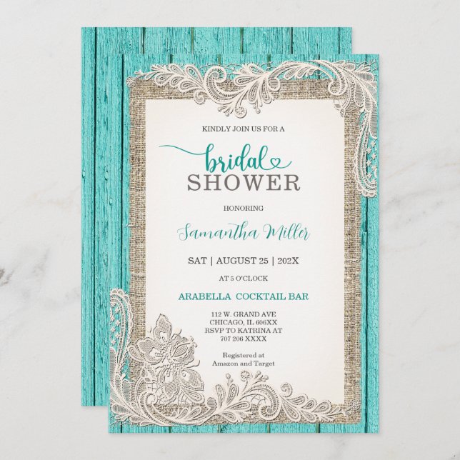 Rustic Turquoise Bridal Shower Invite (Front/Back)
