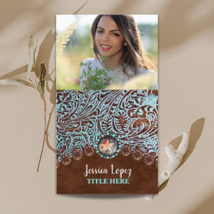 rustic turquoise brown western country leather business card
