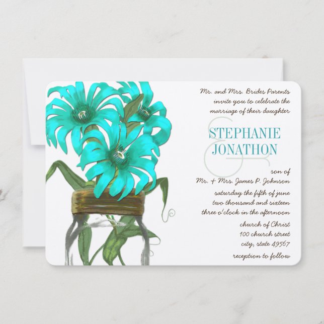 Rustic Turquoise Mint Floral Mason Jar Wedding Invitation (Front)