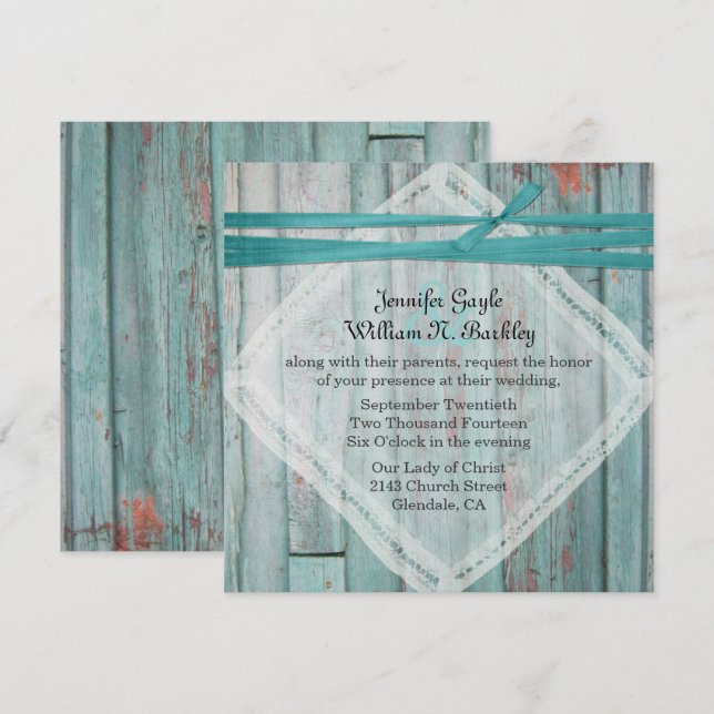 Rustic Turquoise Painted Wood Wedding Invitation (Front/Back)