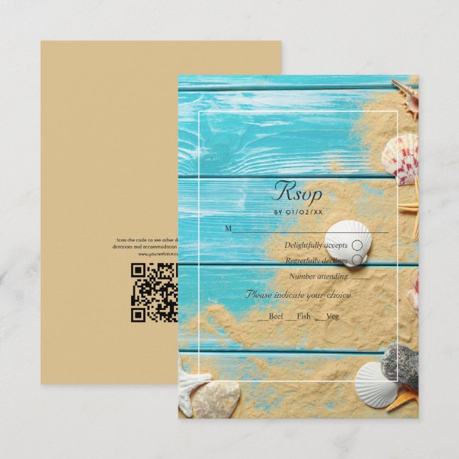 Rustic Turquoise QR Code RSVP Beach Wedding Card (Front/Back)
