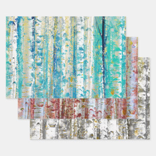 Rustic Turquoise Rust and Yellow Birch Trees Wrapping Paper Sheet