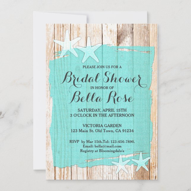 Rustic turquoise starfish bridal shower invite (Front)