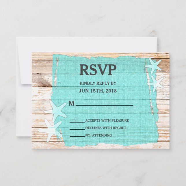 Rustic Turquoise Starfish Wedding RSVP Card (Front)
