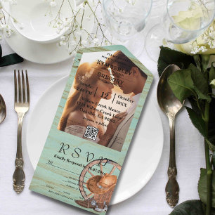 Rustic Turquoise Weathered Wood QR Code Photo All In One Invitation