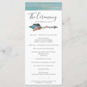 Rustic Turquoise Wood Boho Feather Wedding Program Programme