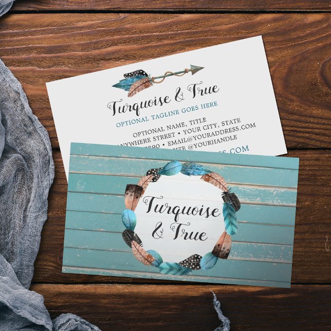 Rustic Turquoise Wood & Feather Arrow Boho Chic Business Card (Creator Uploaded)