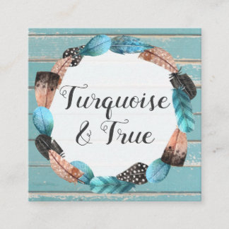 Rustic Turquoise Wood & Feather Arrow Boho Chic Square Business Card