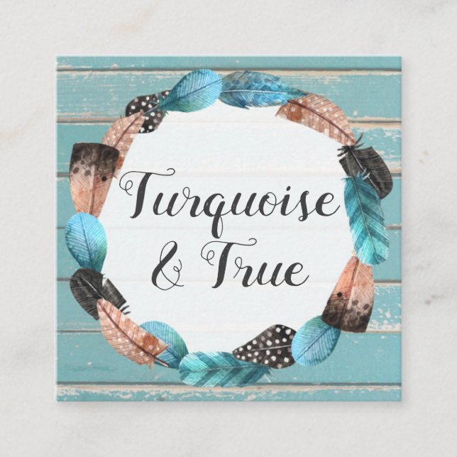 Rustic Turquoise Wood & Feather Arrow Boho Chic Square Business Card (Front)